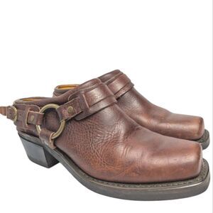 Vintage Frye Brown Leather Square Toe Belted Harness Strap Slip-On Mule Womens 8